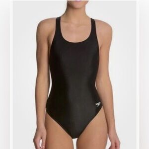 🆕 Speedo Women's Powerflex Classic Black One-Piece Swimsuit Size 8